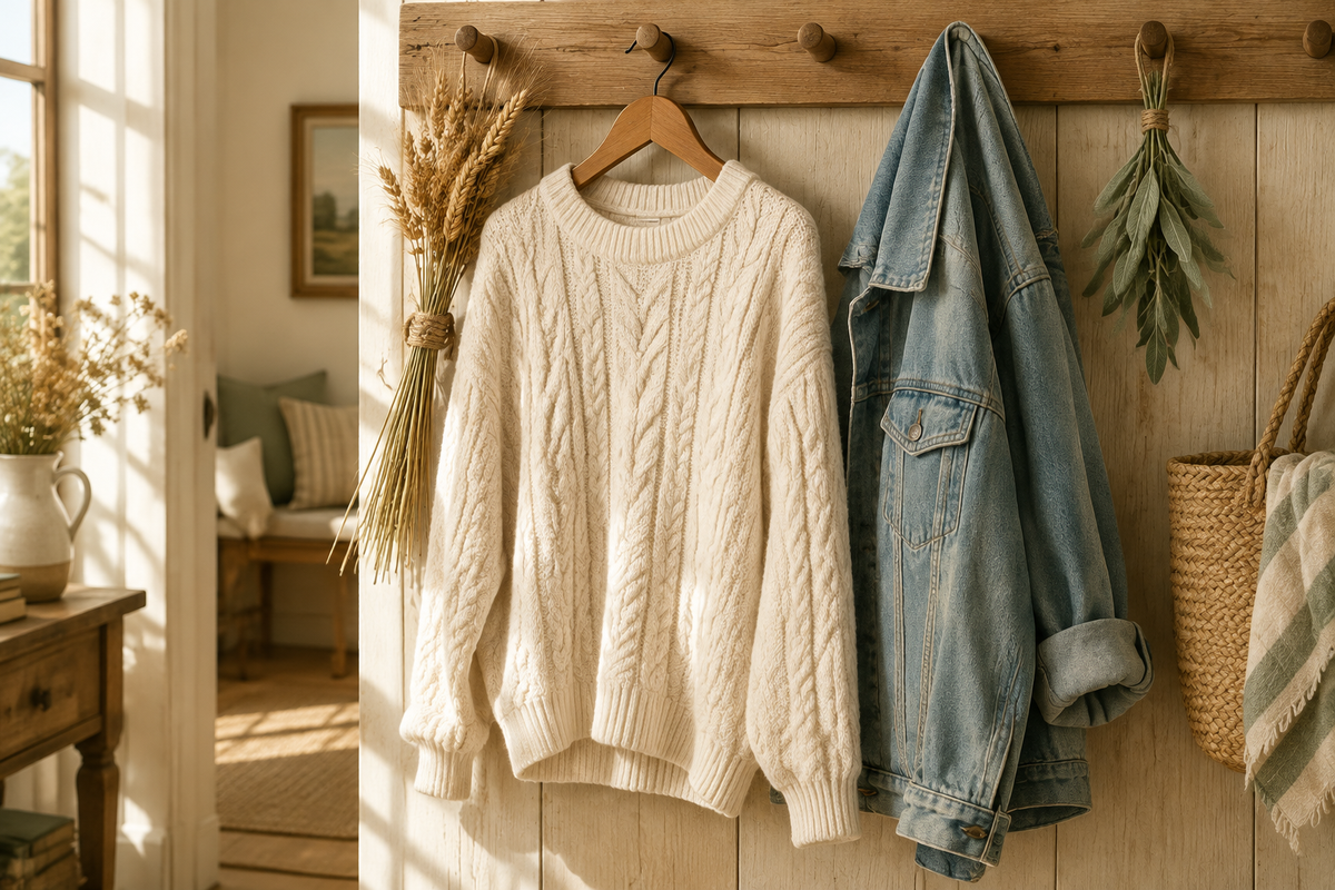Cream sweater and denim jacket hanging on a wooden peg wall with dried wheat and sage