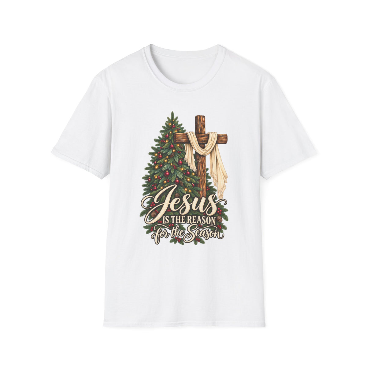 Christian Christmas T-Shirt - "Jesus Is The Reason For The Season" Cross & Tree Tee