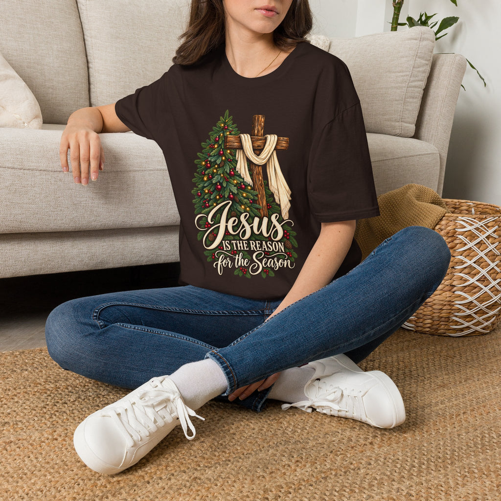 Christian Christmas T-Shirt - "Jesus Is The Reason For The Season" Cross & Tree Tee