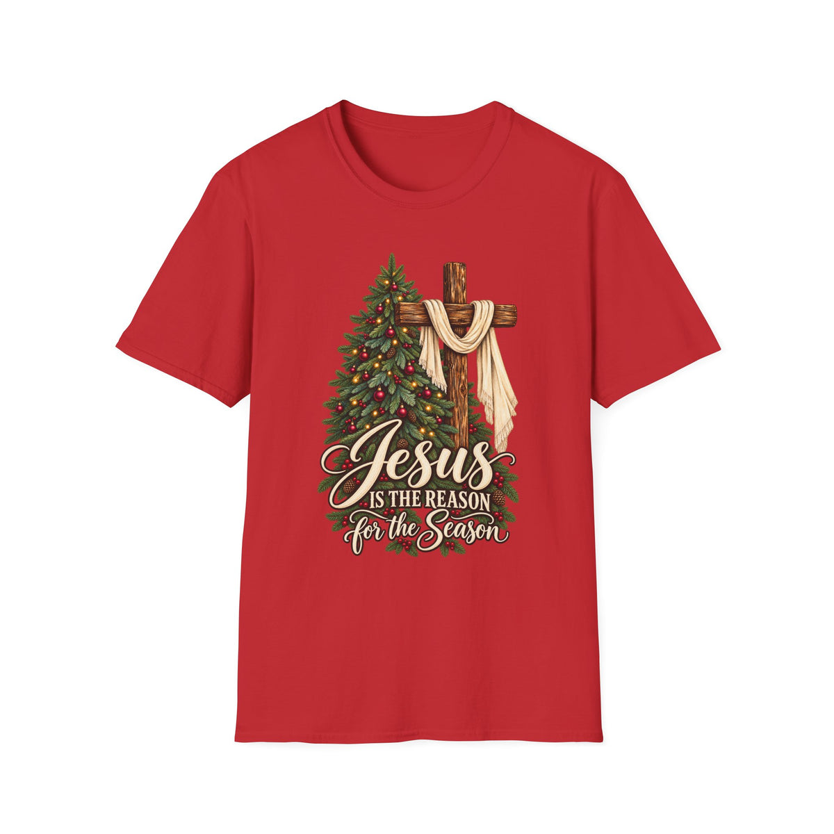 Christian Christmas T-Shirt - "Jesus Is The Reason For The Season" Cross & Tree Tee