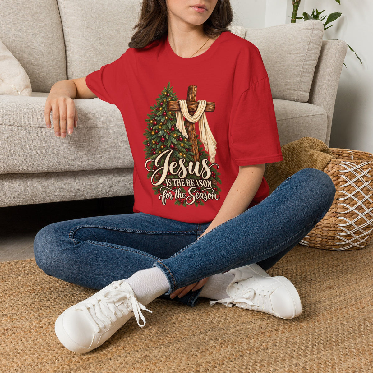 Christian Christmas T-Shirt - "Jesus Is The Reason For The Season" Cross & Tree Tee