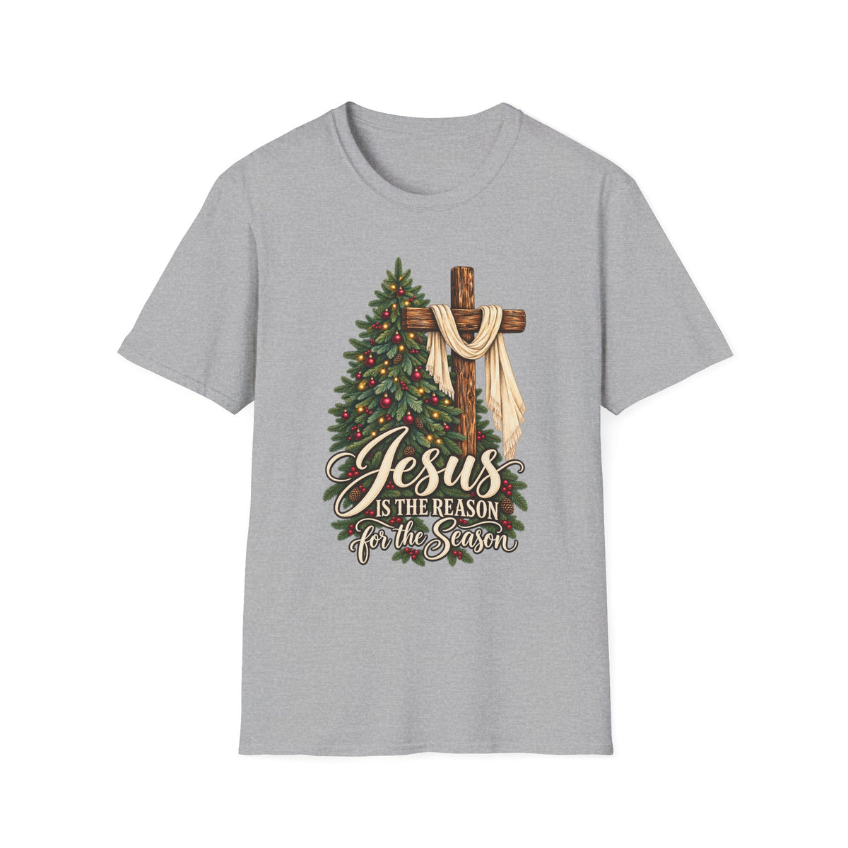 Christian Christmas T-Shirt - "Jesus Is The Reason For The Season" Cross & Tree Tee