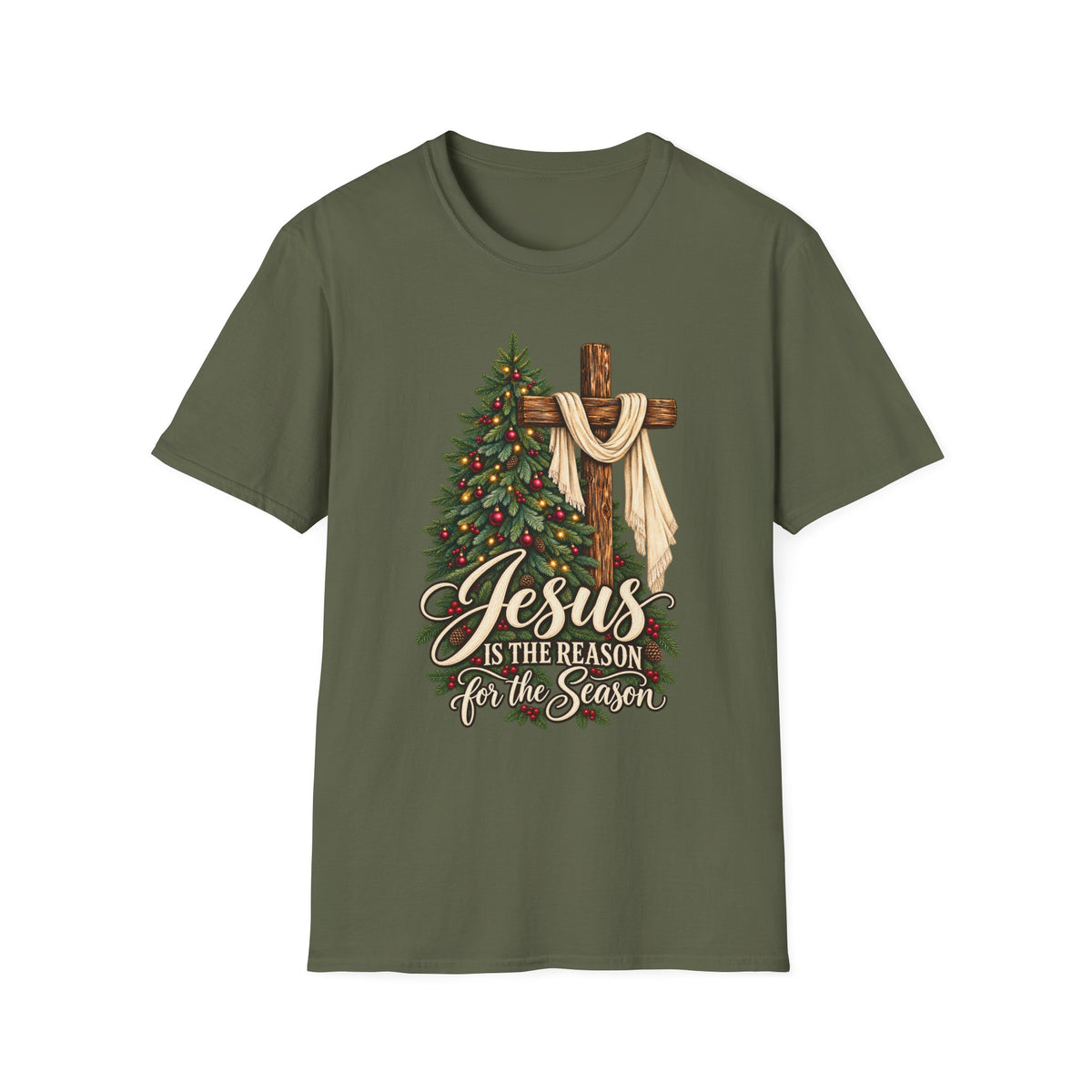 Christian Christmas T-Shirt - "Jesus Is The Reason For The Season" Cross & Tree Tee