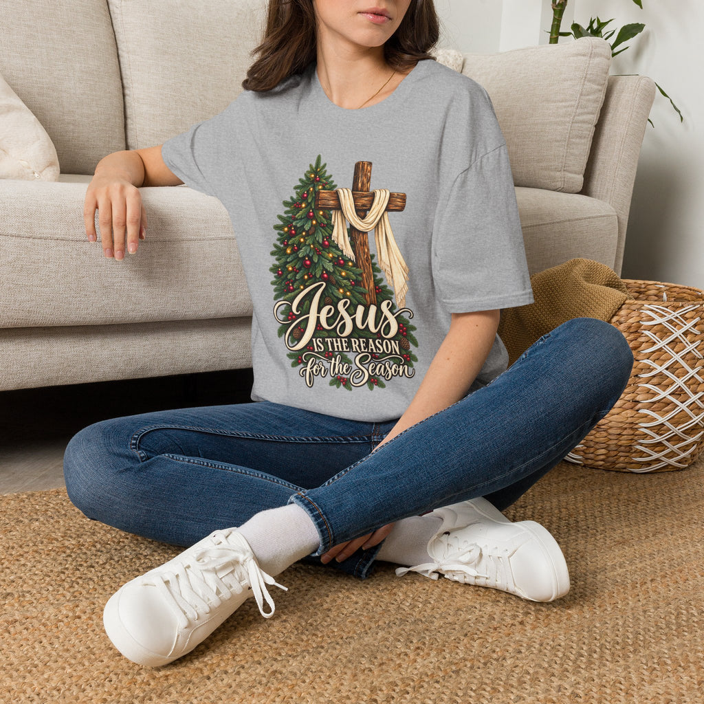 Christian Christmas T-Shirt - "Jesus Is The Reason For The Season" Cross & Tree Tee