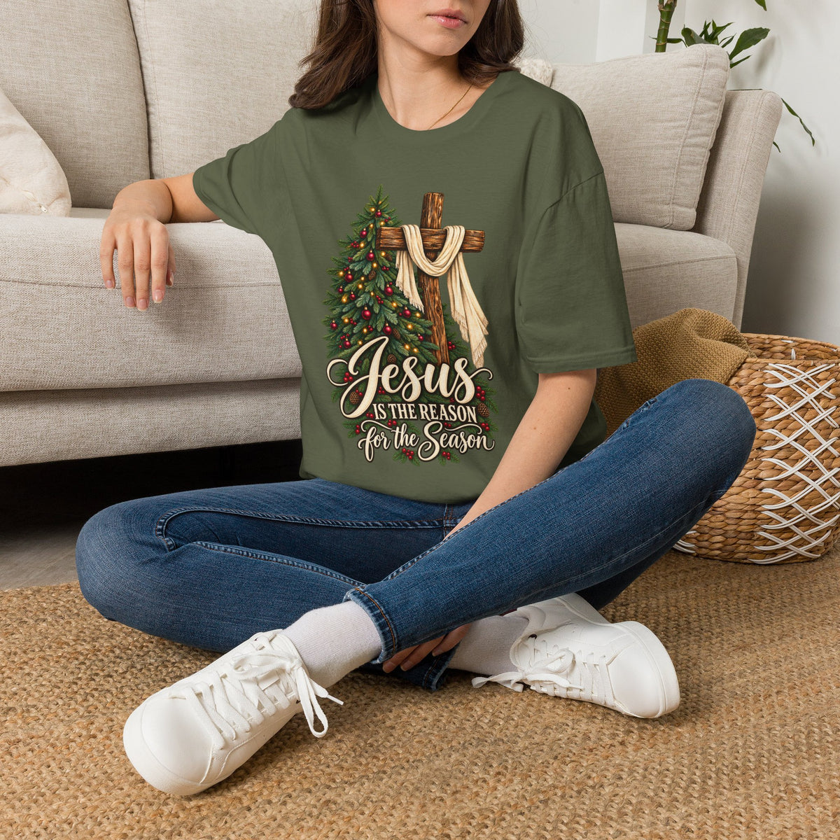 Christian Christmas T-Shirt - "Jesus Is The Reason For The Season" Cross & Tree Tee
