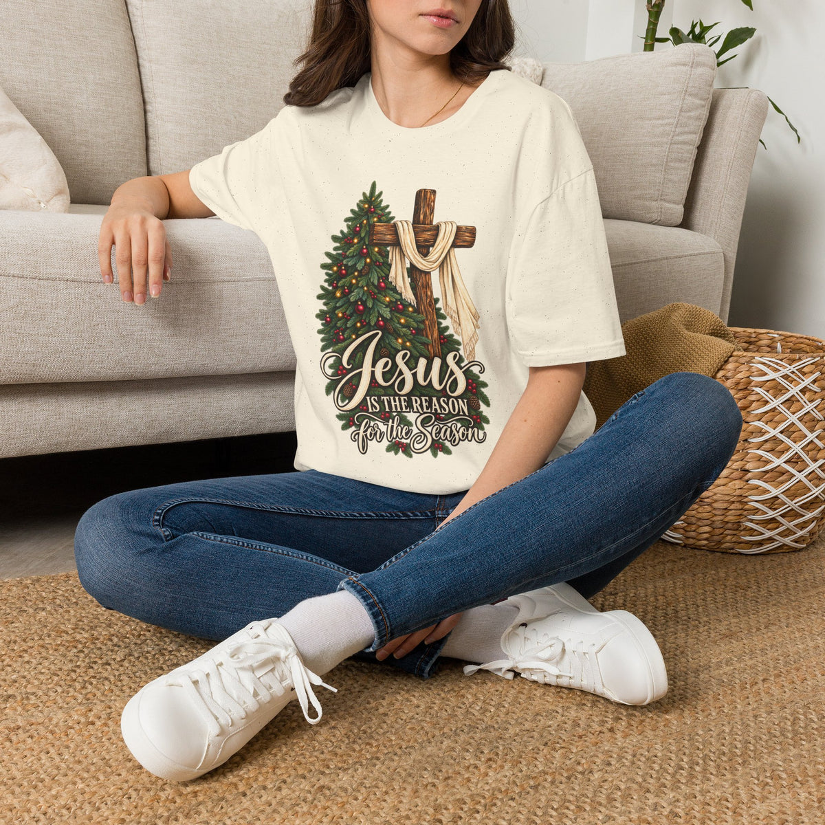 Christian Christmas T-Shirt - "Jesus Is The Reason For The Season" Cross & Tree Tee