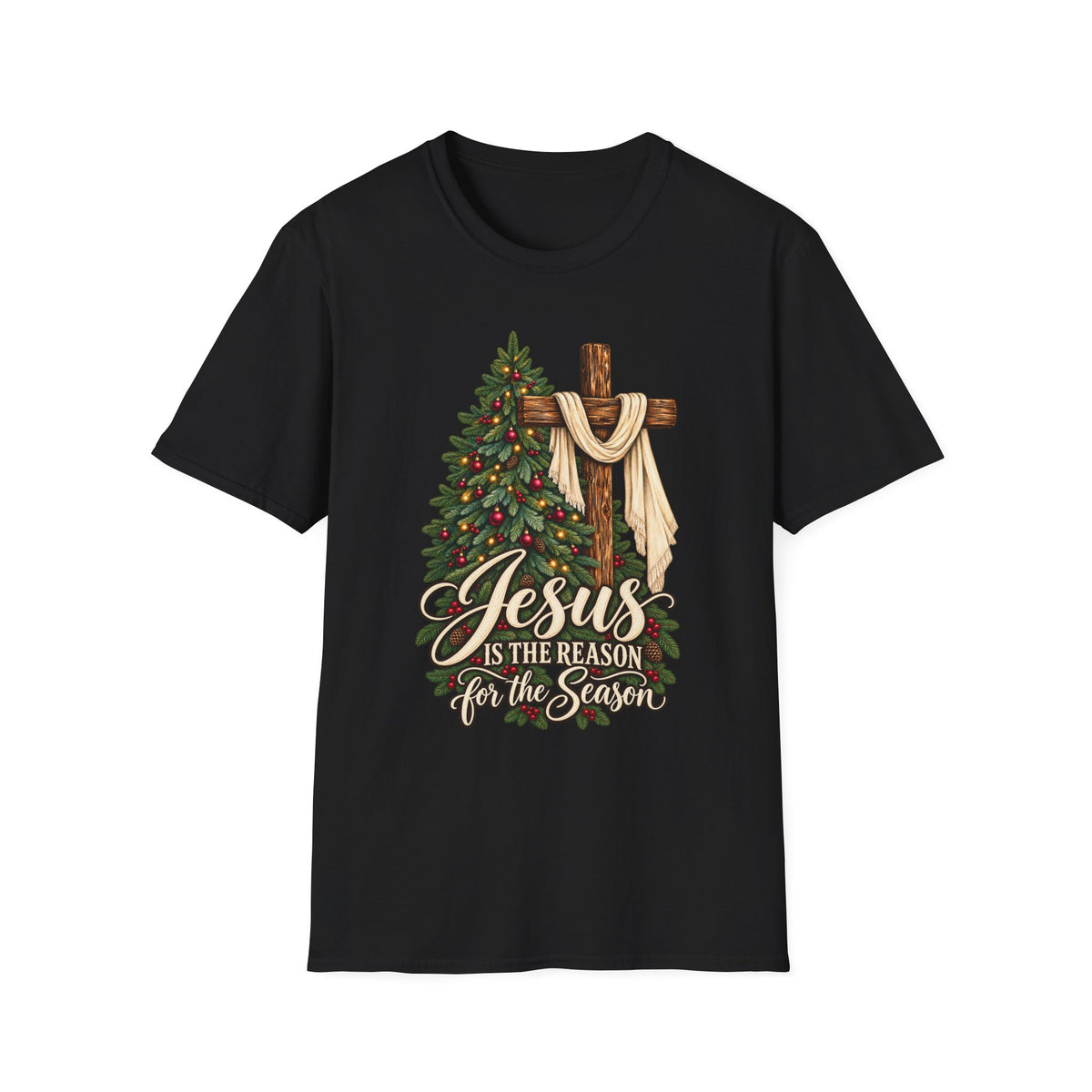 Christian Christmas T-Shirt - "Jesus Is The Reason For The Season" Cross & Tree Tee
