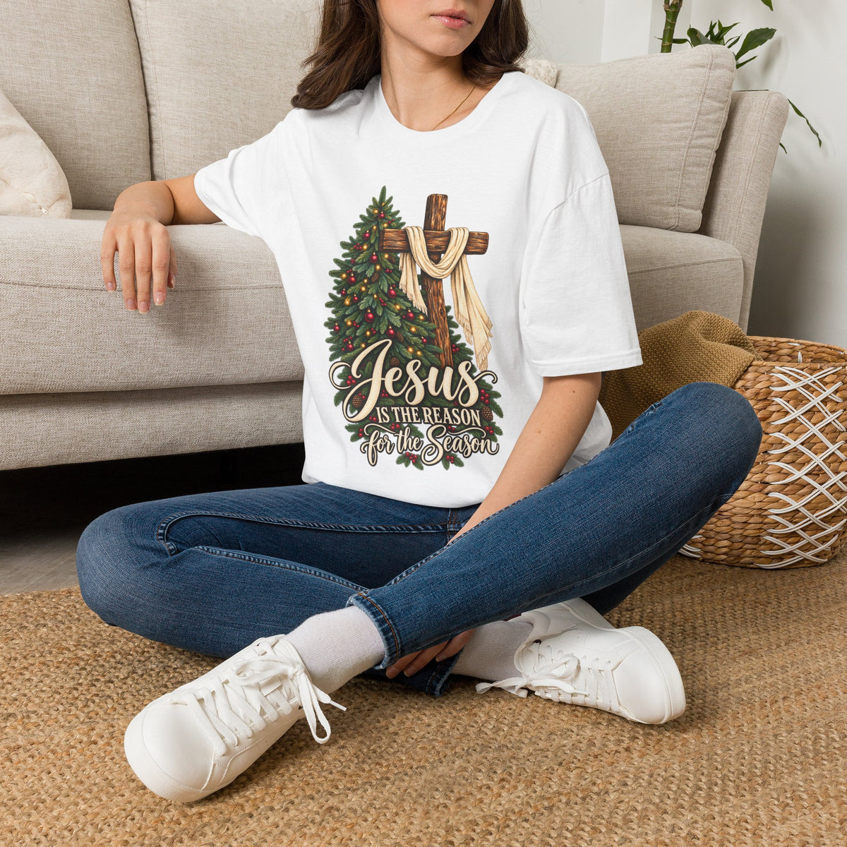 Christian Christmas T-Shirt - "Jesus Is The Reason For The Season" Cross & Tree Tee